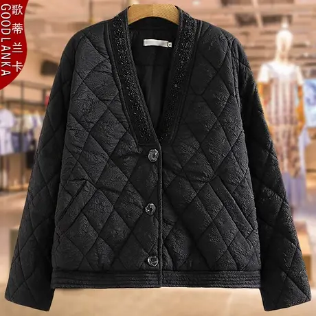 加肥加大码棉服女200斤秋冬款中年气质妈妈装V领提花轻薄款小棉衣图片