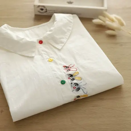 夏装学院风文艺小清新减龄刺绣娃娃领短袖衬衫女宽松百搭半袖上衣商品大图