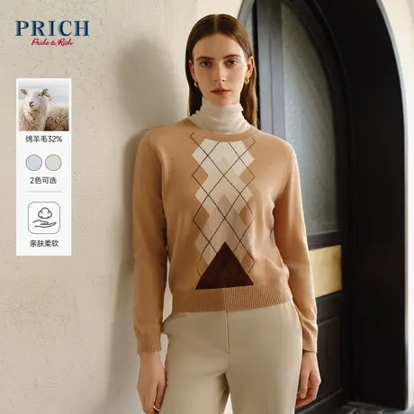 【羊毛混纺】PRICH冬新款学院风菱格微宽松罗纹圆领针织衫女商品大图