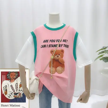 短袖t恤女夏季2021新款韩版ins潮印花数字假两件宽松BF风百搭上衣商品大图