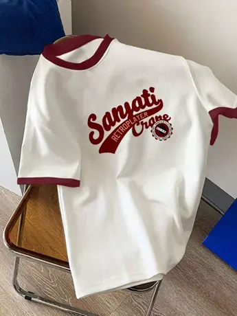 仿棉短袖t恤女2023新款夏季港风chic小众设计感正肩显瘦撞色上衣图片