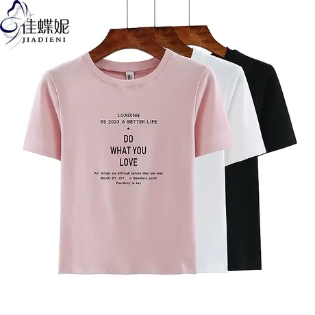 夏季新款韩版圆领修身短款纯欲辣妹印花短袖体恤上衣内搭女打底衫商品大图