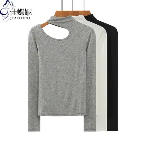 春秋半高领纯欲性感纯棉纯色修身长袖体恤上衣内搭女打底衫正肩商品大图