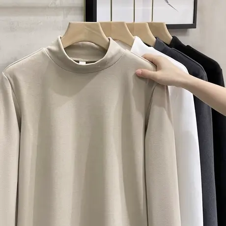 蜜蜂刺绣半高领长袖t恤男士加厚保暖打底衫德绒秋冬中领卫衣内搭商品大图