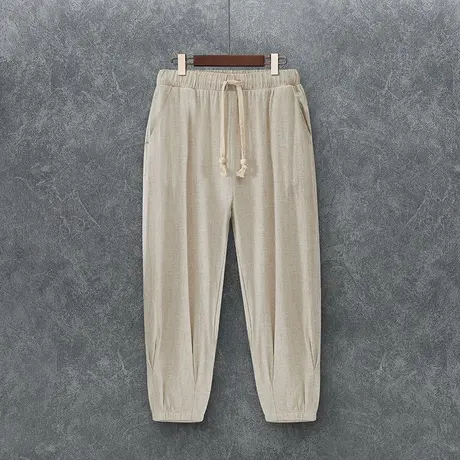 春夏九分裤男休闲裤宽松收口亚麻裤大码哈中国风棉麻复古哈伦裤子图片