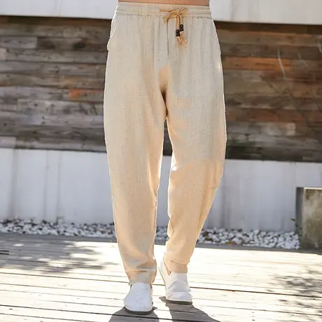亚麻休闲裤男宽松小脚哈伦裤夏季薄款棉麻大码男士长裤中国风裤子图片
