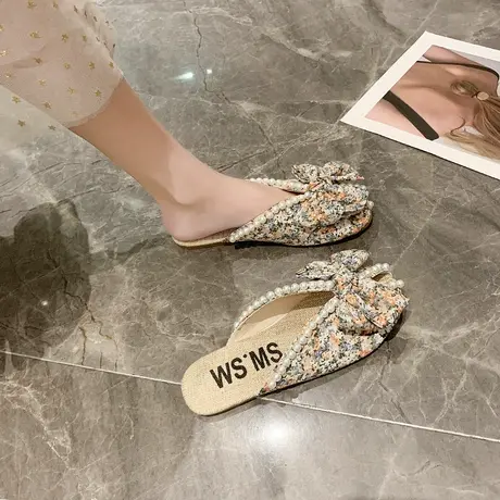 包头半拖鞋女外穿2024年夏季新款蝴蝶结珍珠甜美配裙子小碎花凉拖商品大图