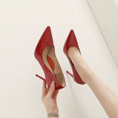 气质红色超高跟鞋女细跟2024年春季新款时尚尖头漆皮百搭职业单鞋图片