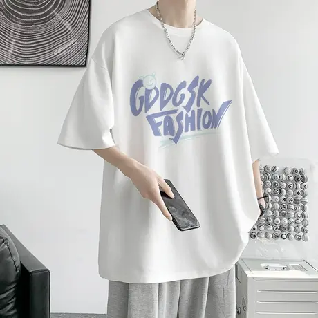 白色短袖t恤男夏季潮牌冰丝衣服宽松ins潮流夏装2022新款五分半袖商品大图