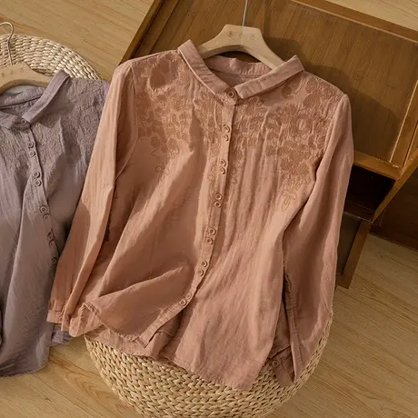 享永子刺绣全棉衬衫女文艺复古宽松气质减龄衬衣上衣2024秋季新款图片