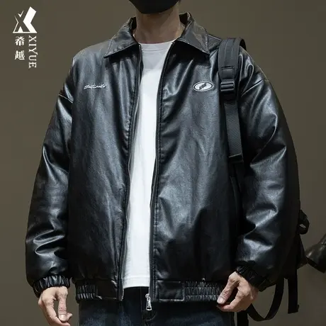 希越美式翻领皮衣外套男高级感痞帅潮牌夹克秋冬宽松大码男士棉衣商品大图
