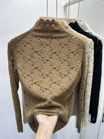 镂空花朵毛绒蕾丝磨毛打底衫女2023秋季新款内搭半高领镂空上衣潮图片