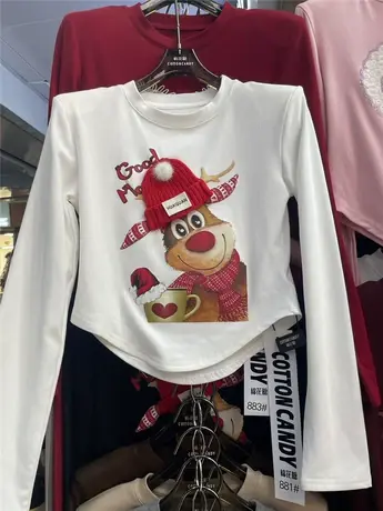 圣诞风卡通麋鹿印花长袖加绒T恤女冬韩版修身不规则短款磨毛打底商品大图