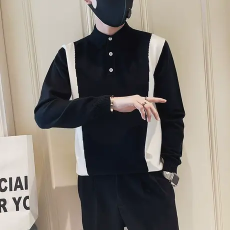 polo领毛衣男冬季个性拼色修身青少年针织衫日系网红潮牌学生体恤商品大图