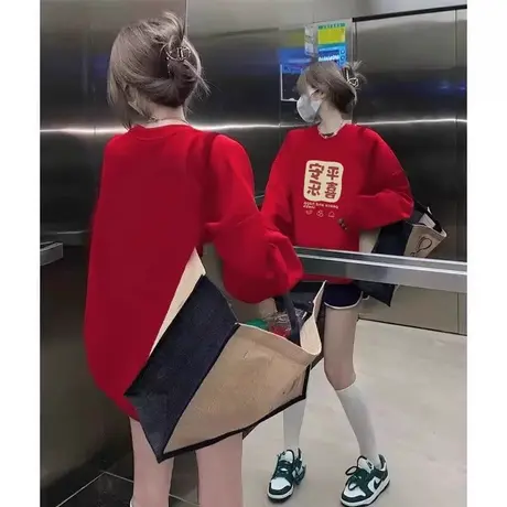 圆领红色卫衣女复古秋冬加绒加厚2024新款宽松休闲风外套oversize商品大图