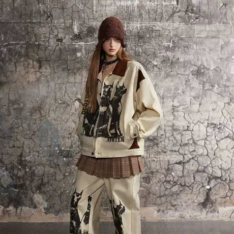 美式街头风印花外套女春秋2024新款拼接情侣宽松oversize夹克上衣商品大图