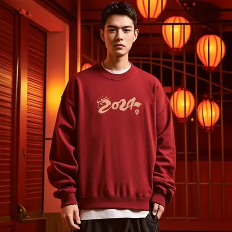 2024红色圆领卫衣秋冬季过年新年龙年本命年宽松加绒大码男生无帽图片