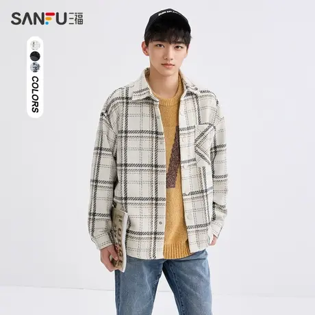 三福2024春季男士小香风格纹长衬衫 时尚翻领微落上衣男481084商品大图