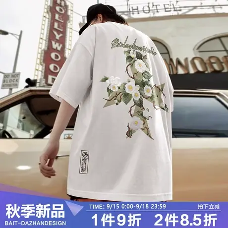 短袖男款t恤vintage复古小众设计感山茶花十字架潮牌纯棉秋季内搭商品大图