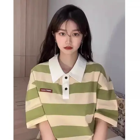 纯棉条纹polo衫短袖t恤女夏季新款设计感小众韩版宽松半袖上衣潮商品大图