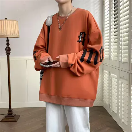 潮牌卫衣男薄款春装宽松圆领纯棉长袖男士上衣休闲春秋款T恤潮流图片