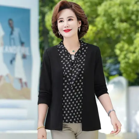 年轻妈妈春装针织衫中年妇女假两件上衣长袖中老年人春秋雪纺衬衫图片