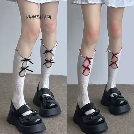洛丽塔jk镂空袜子女春夏薄款甜美中筒袜双层花边蝴蝶结小腿袜商品大图