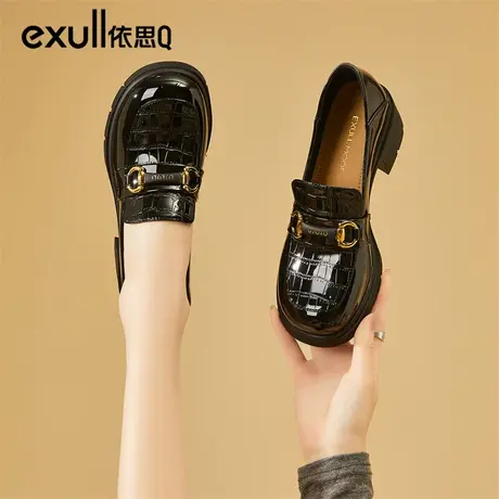 依思q黑色乐福鞋女2024春秋新款粗跟英伦风一脚蹬高跟单鞋通勤鞋商品大图