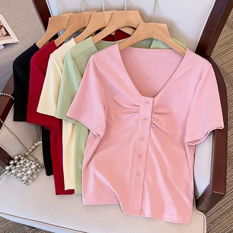 伊自尚大码女装2023年新款韩版胖mm洋气时尚百搭短袖v领短袖T恤女图片