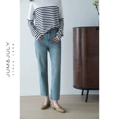嘉茱莉2023新款高腰显瘦小脚直筒牛仔裤女磨毛边春秋薄款九分裤商品大图