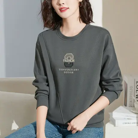 2023年新款流行的圆领卫衣女春秋季时尚棉质刺绣长袖上衣套头外套商品大图