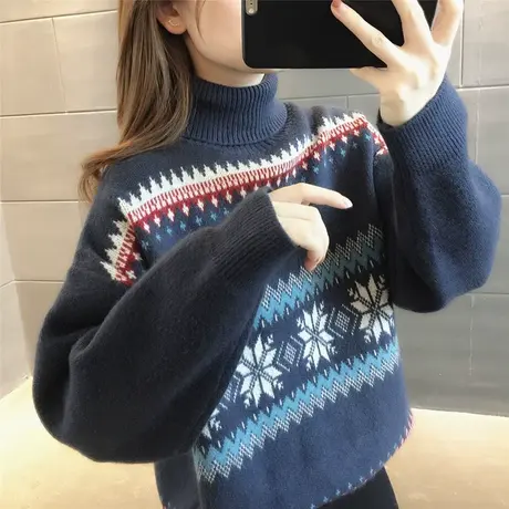 针织打底衫加厚高领冬季2023新款韩版宽松提花洋气个性复古百搭女商品大图