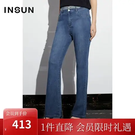 恩裳COVER2023夏装新款时尚复古喇叭裤腰间拼色桑蚕丝洗水牛仔裤图片