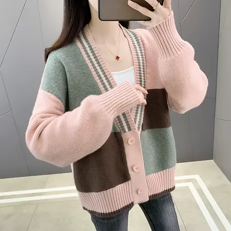 春季拼色针织开衫女短款春装2023年新款外搭宽松洋气毛衣外套春秋图片