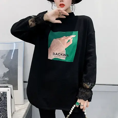 加绒宽松卫衣女秋冬洋气蕾丝拼接外套长袖休闲中长款半高领打底衫图片