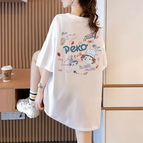 白色中长款夏季卡通短袖t恤女2023新款欧货爆款纯棉宽松百搭ins商品大图