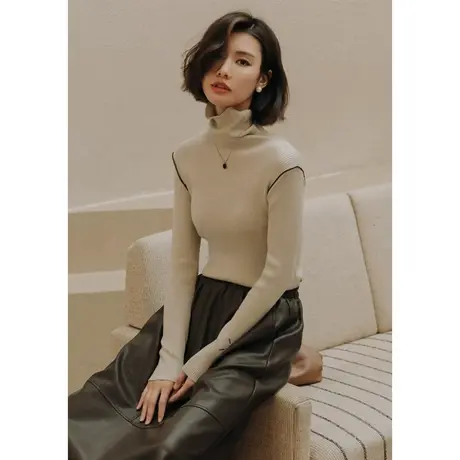 弥古撞色高领针织衫女春秋季修身毛衣内搭上衣高级感堆堆领打底衫图片