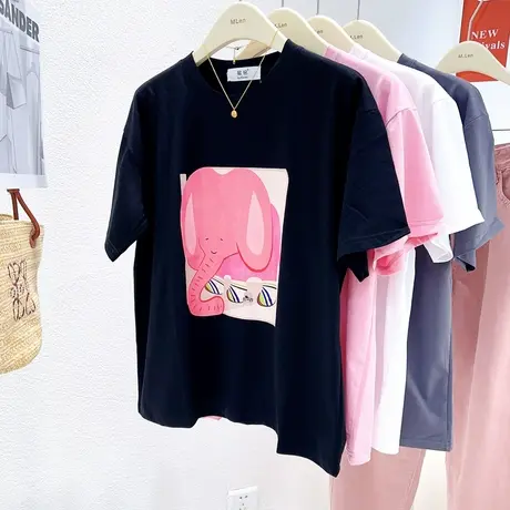 ins粉小象短袖上衣2023春夏新款韩国东门圆领正肩纯棉tee打底衫女商品大图