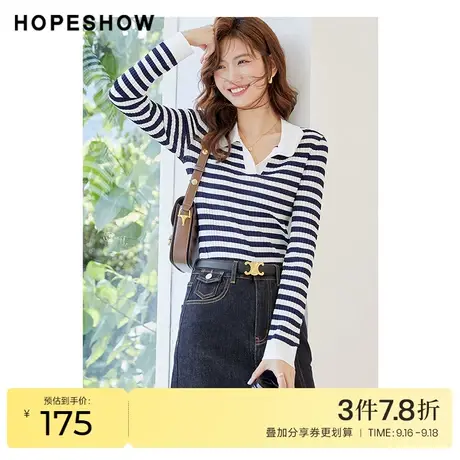 红袖outlets条纹polo领针织衫hopeshow2022秋季薄款百搭通勤上衣图片