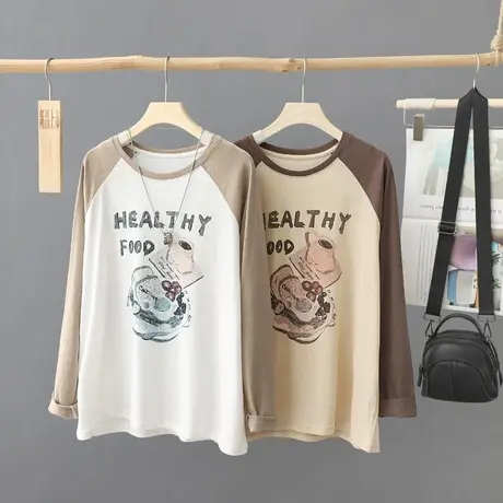 早秋新款薄款印花拼接长袖t恤女2023年圆领套头体恤休闲女装上衣图片