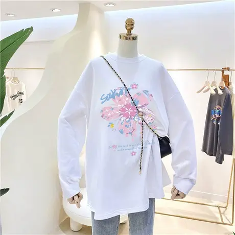 磨毛加厚长袖t恤女纯棉韩版宽松大码上衣中长款时尚百搭体恤秋季商品大图