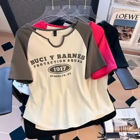 2023夏新款撞色插肩袖卡通印花短袖T恤女设计感小众显瘦短款上衣商品大图