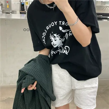 原创复古女人2023新款夏装港风百搭纯棉圆领短袖T恤女上衣ins盐系图片