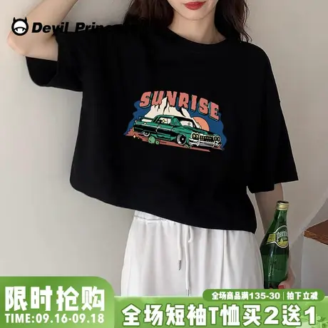 欧美风复古印花短款高腰露脐纯棉T恤圆领夏季宽松韩版ins百搭上衣商品大图