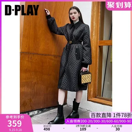 DPLAY冬新气质通勤风亮丝粗花呢拼接菱格棉服长款大摆外套商品大图