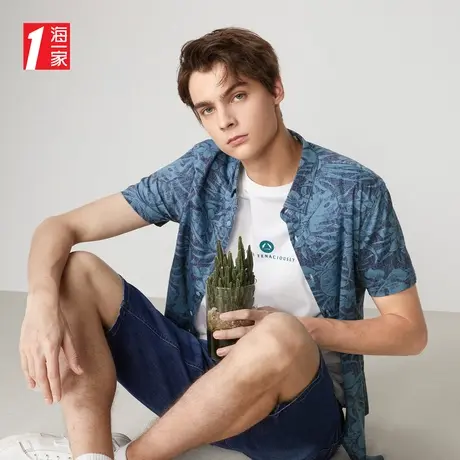 海一家时尚花纹短衬新款质感光泽亲肤透气休闲短袖衬衫男图片