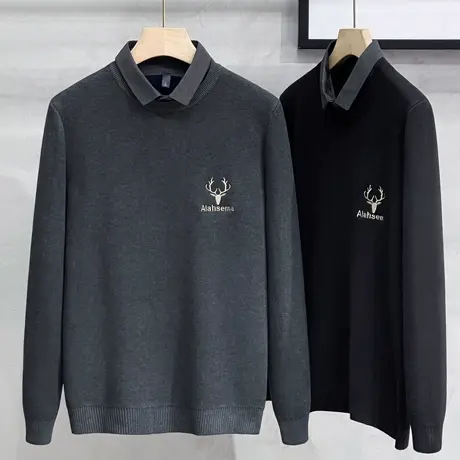 重磅加绒假两件毛衣男保暖2023秋冬男装上衣打底衫针织衫外套加厚商品大图