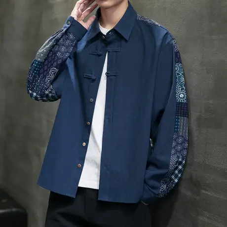秋季男长袖衬衫中国风棉麻衬衫复古拼接衣服新中式外套潮改良男装图片