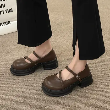 软妹复古学院风英伦粗跟小皮鞋女一字扣带秋季2023浅口圆头乐福鞋商品大图