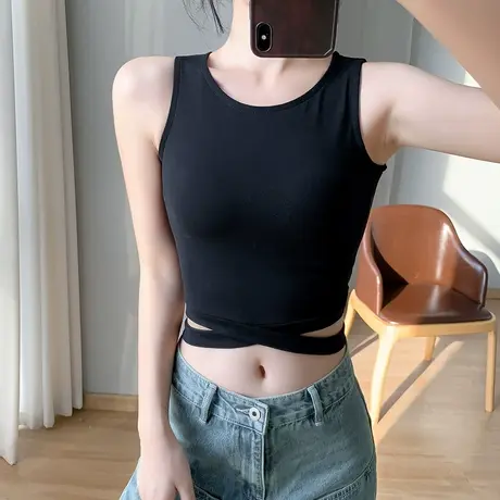 纯棉圆领短款露脐背心女夏季黑色百搭显瘦外穿上衣露腰打底内搭潮图片